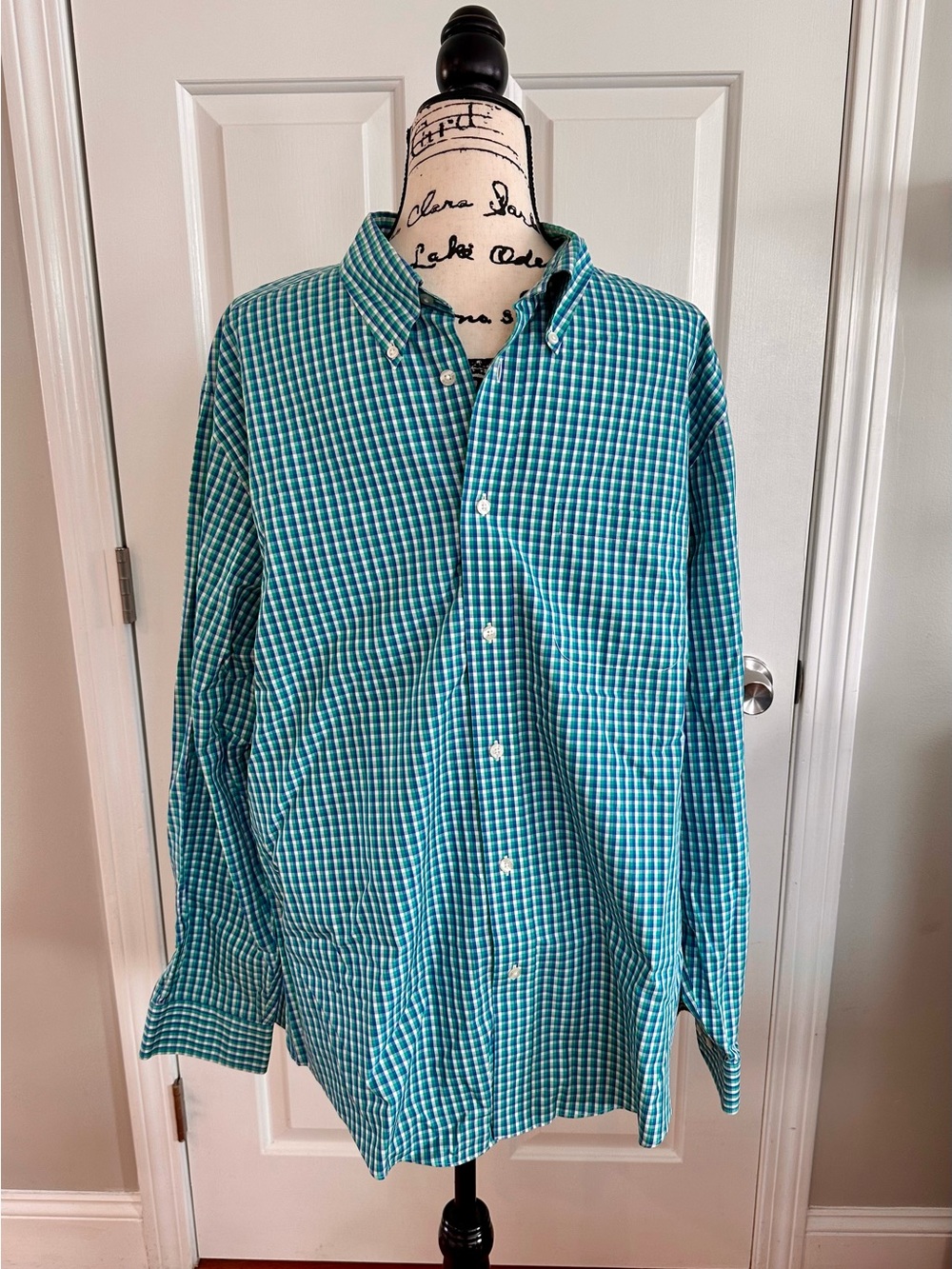 Brooks Brothers Regent Men's Long Sleeve Shirt XL Green & White Cotton